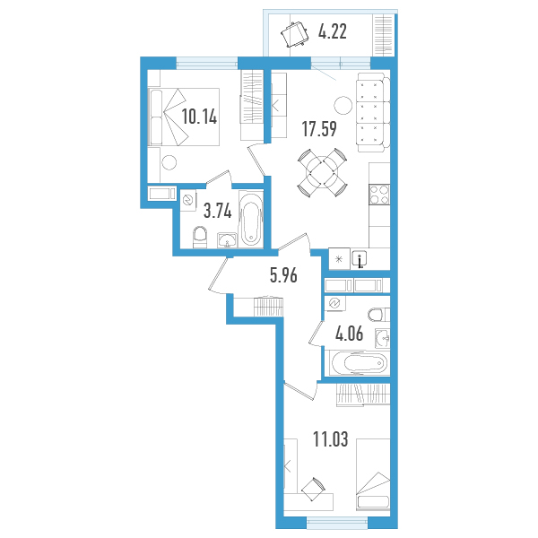 3-комнатная (Евро) квартира, 53.79 м² в ЖК "AEROCITY" - планировка, фото №1