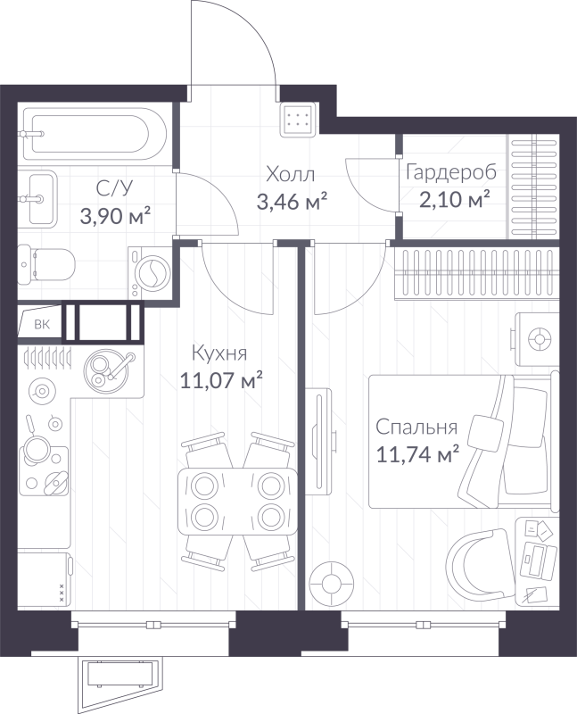 1-комнатная квартира, 32.27 м² - планировка, фото №1