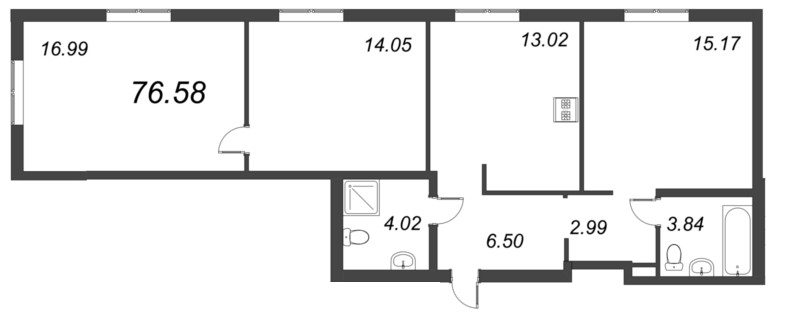 3-комнатная (Евро) квартира, 76.58 м² - планировка, фото №1