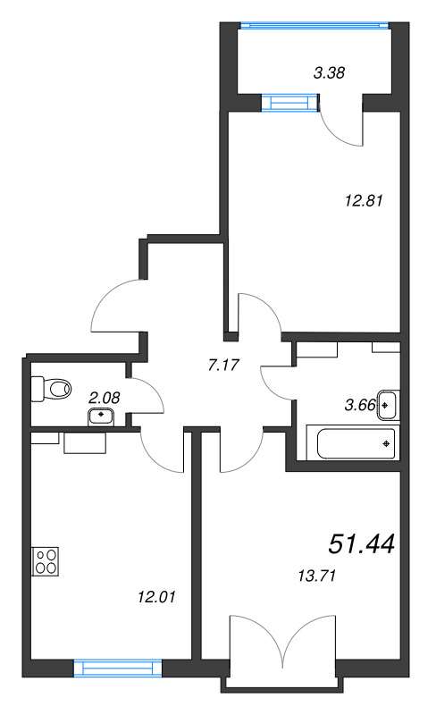 2-комнатная квартира, 51.44 м² - планировка, фото №1