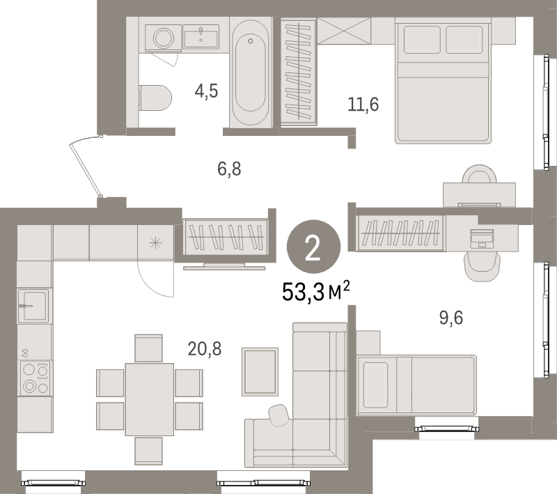 3-комнатная (Евро) квартира, 53.3 м² в ЖК "Брусника в Новоселье" - планировка, фото №1
