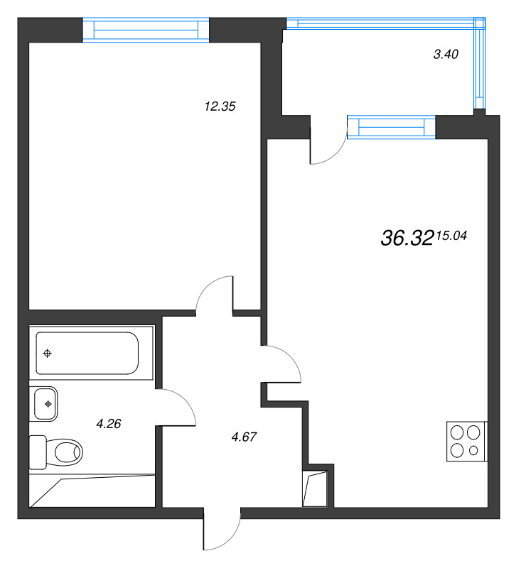 2-комнатная (Евро) квартира, 36.32 м² в ЖК "ЮгТаун" - планировка, фото №1