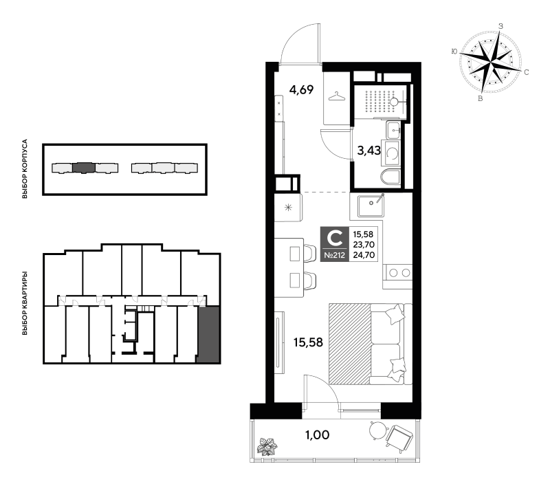 Квартира-студия, 24.7 м² в ЖК "Догма Юкки" - планировка, фото №1