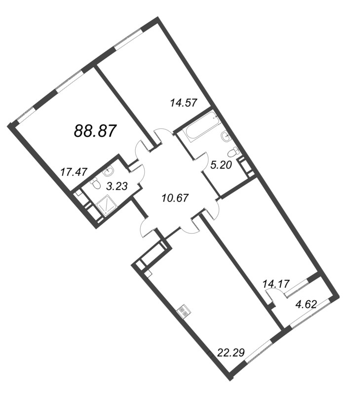 4-комнатная (Евро) квартира, 88.87 м² - планировка, фото №1