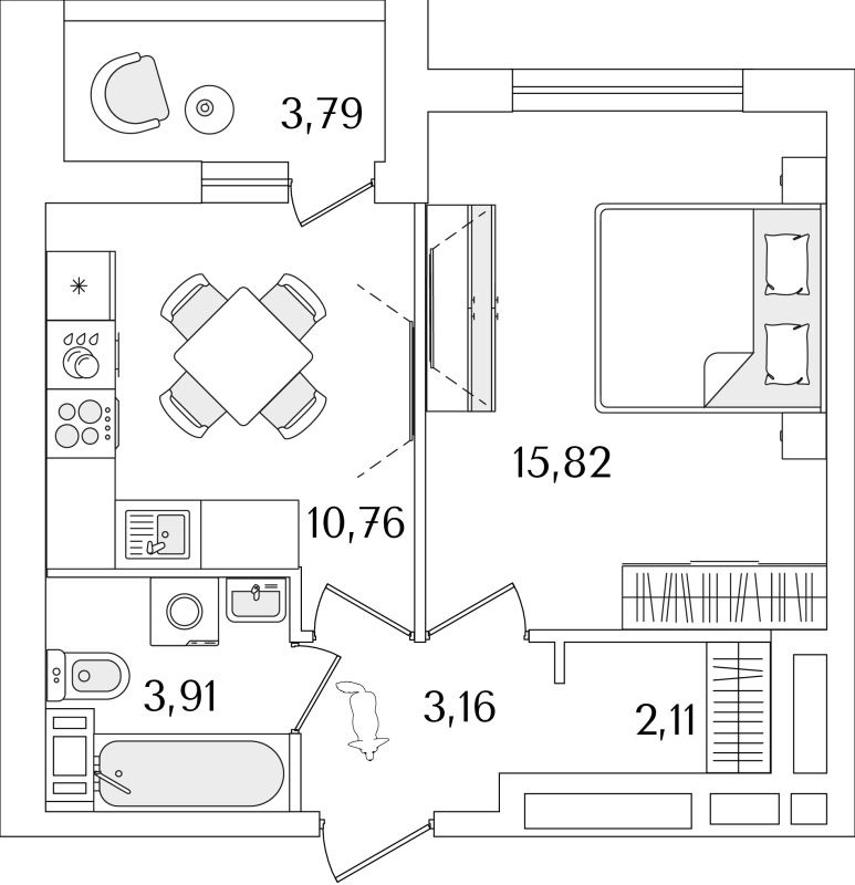 1-комнатная квартира, 37.66 м² в ЖК "Лайнеръ" - планировка, фото №1