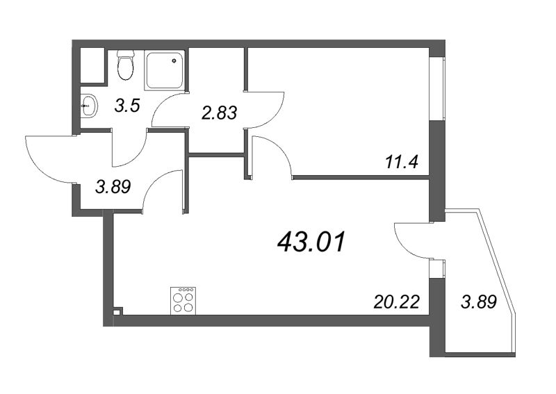 1-комнатная квартира, 42.9 м² - планировка, фото №1