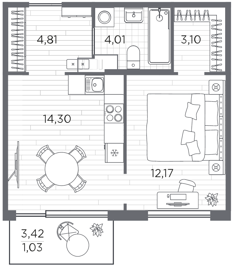 1-комнатная квартира, 39.42 м² в ЖК "PLUS Пулковский" - планировка, фото №1