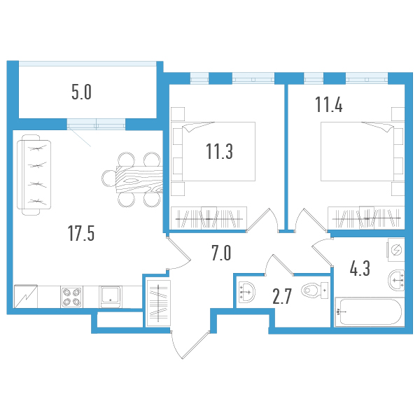3-комнатная (Евро) квартира, 56.7 м² - планировка, фото №1