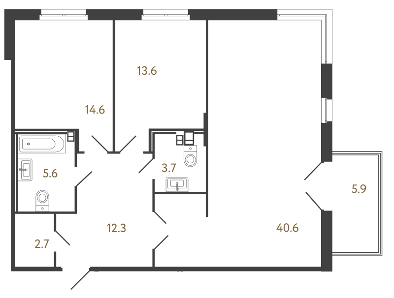 3-комнатная (Евро) квартира, 93.1 м² в ЖК "Репин" - планировка, фото №1