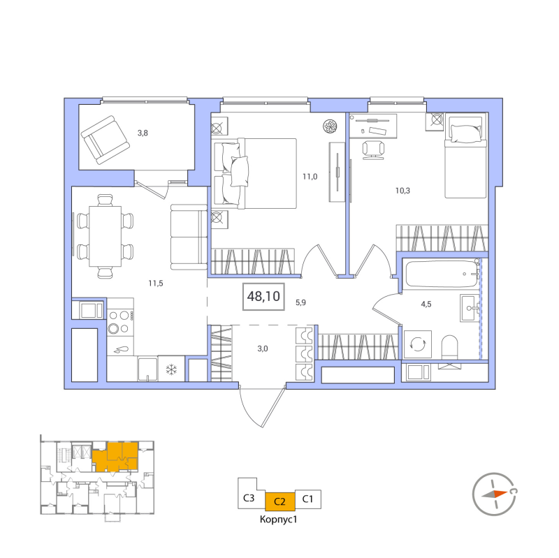 2-комнатная квартира, 48.1 м² - планировка, фото №1