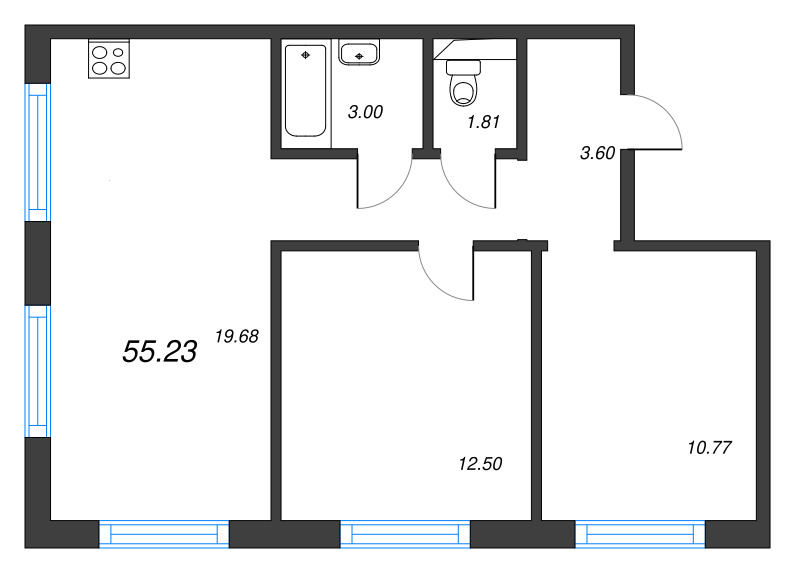 3-комнатная (Евро) квартира, 55.23 м² в ЖК "Legenda Васильевского" - планировка, фото №1