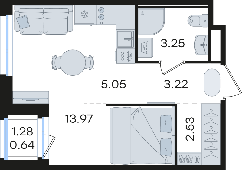 Квартира-студия, 28.66 м² в ЖК "Романовка" - планировка, фото №1