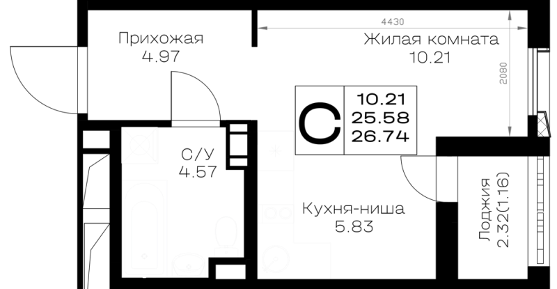 Квартира-студия, 26.74 м² в ЖК "Борский" - планировка, фото №1