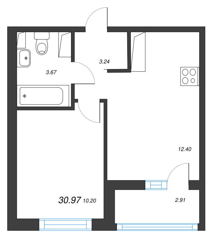 2-комнатная (Евро) квартира, 30.97 м² в ЖК "Кронунг Янино" - планировка, фото №1