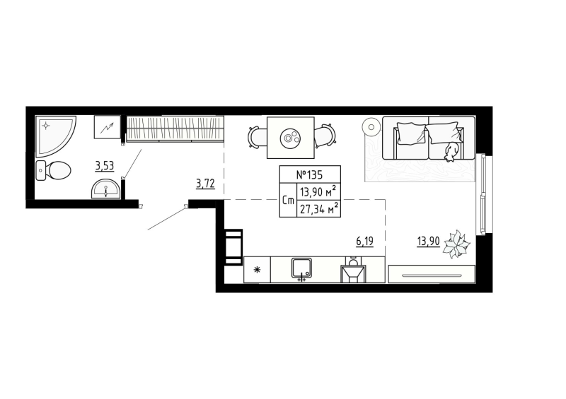 Квартира-студия, 27.34 м² в ЖК "Аннино Сити" - планировка, фото №1