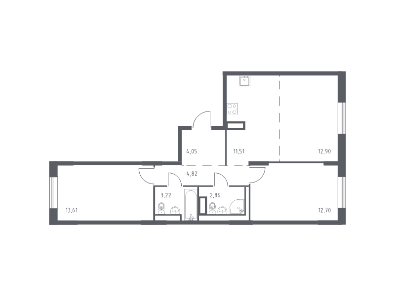 3-комнатная (Евро) квартира, 65.67 м² в ЖК "Квартал Лаголово" - планировка, фото №1