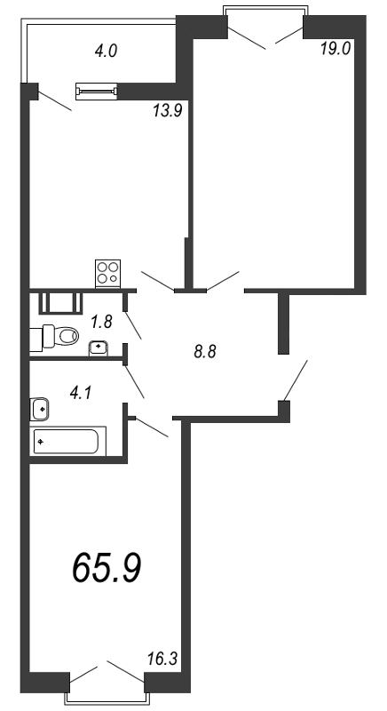 2-комнатная квартира, 66.9 м² - планировка, фото №1