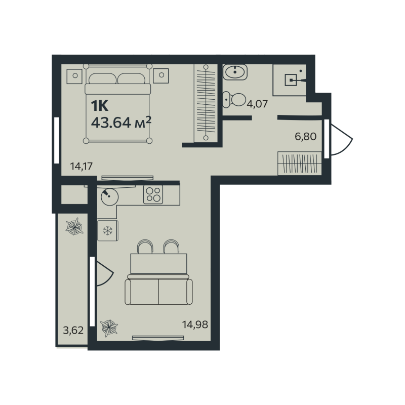 1-комнатная квартира, 43.64 м² в ЖК "Эдельвейс.Янино" - планировка, фото №1