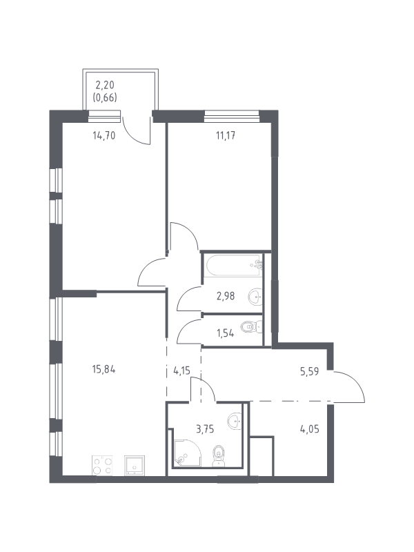 3-комнатная (Евро) квартира, 64.43 м² - планировка, фото №1
