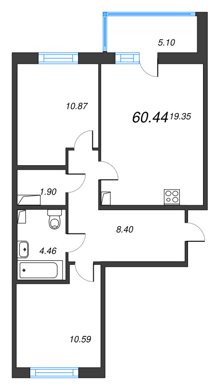 3-комнатная (Евро) квартира, 60.44 м² в ЖК "IQ Гатчина" - планировка, фото №1
