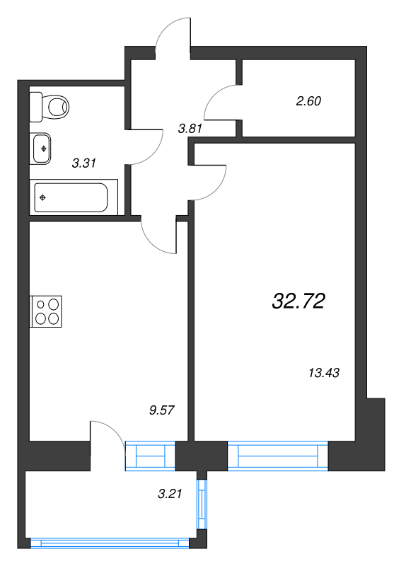 1-комнатная квартира, 32.72 м² - планировка, фото №1