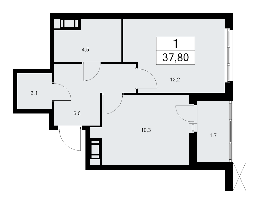1-комнатная квартира, 37.8 м² - планировка, фото №1