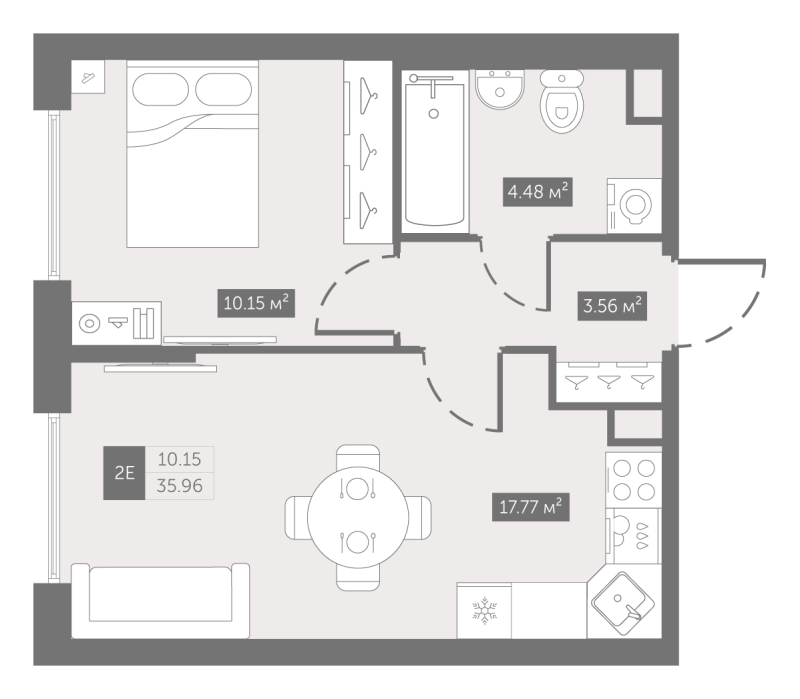 2-комнатная (Евро) квартира, 35.96 м² - планировка, фото №1