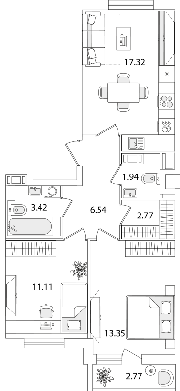 2-комнатная квартира, 57.84 м² в ЖК "Кинопарк" - планировка, фото №1