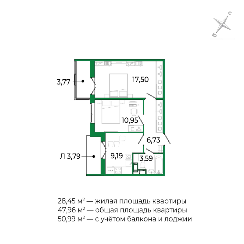 2-комнатная квартира, 47.4 м² в ЖК "Сертолово Парк" - планировка, фото №1