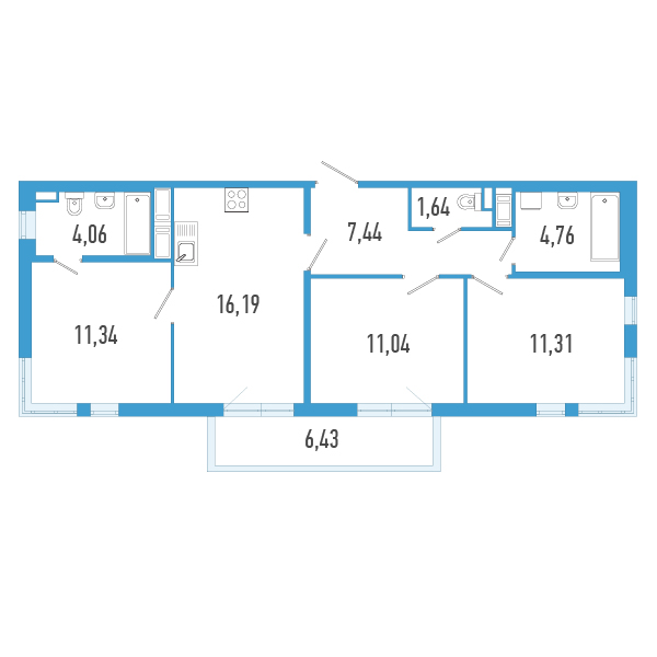 4-комнатная (Евро) квартира, 69.71 м² - планировка, фото №1
