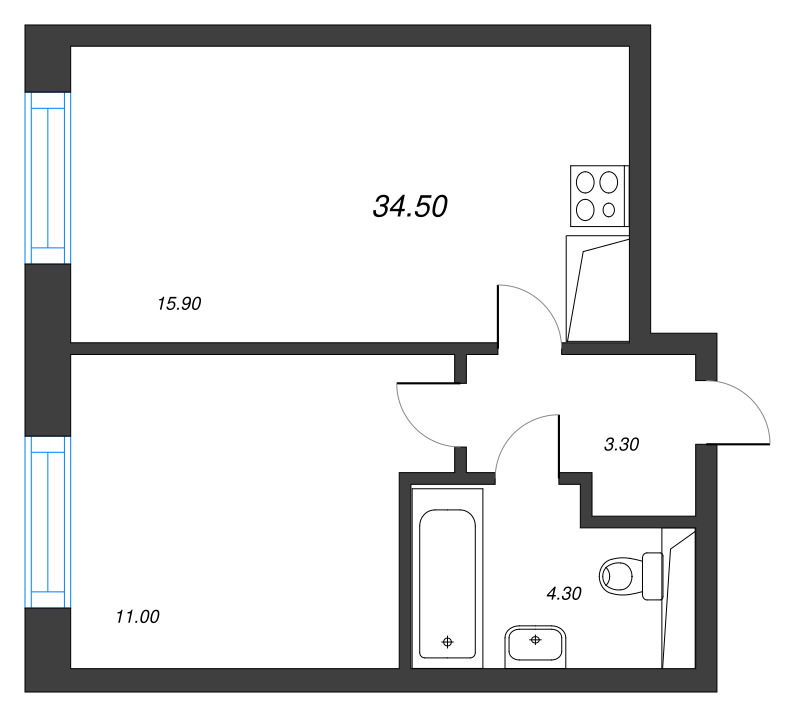 2-комнатная (Евро) квартира, 34.5 м² в ЖК "Большая Охта" - планировка, фото №1