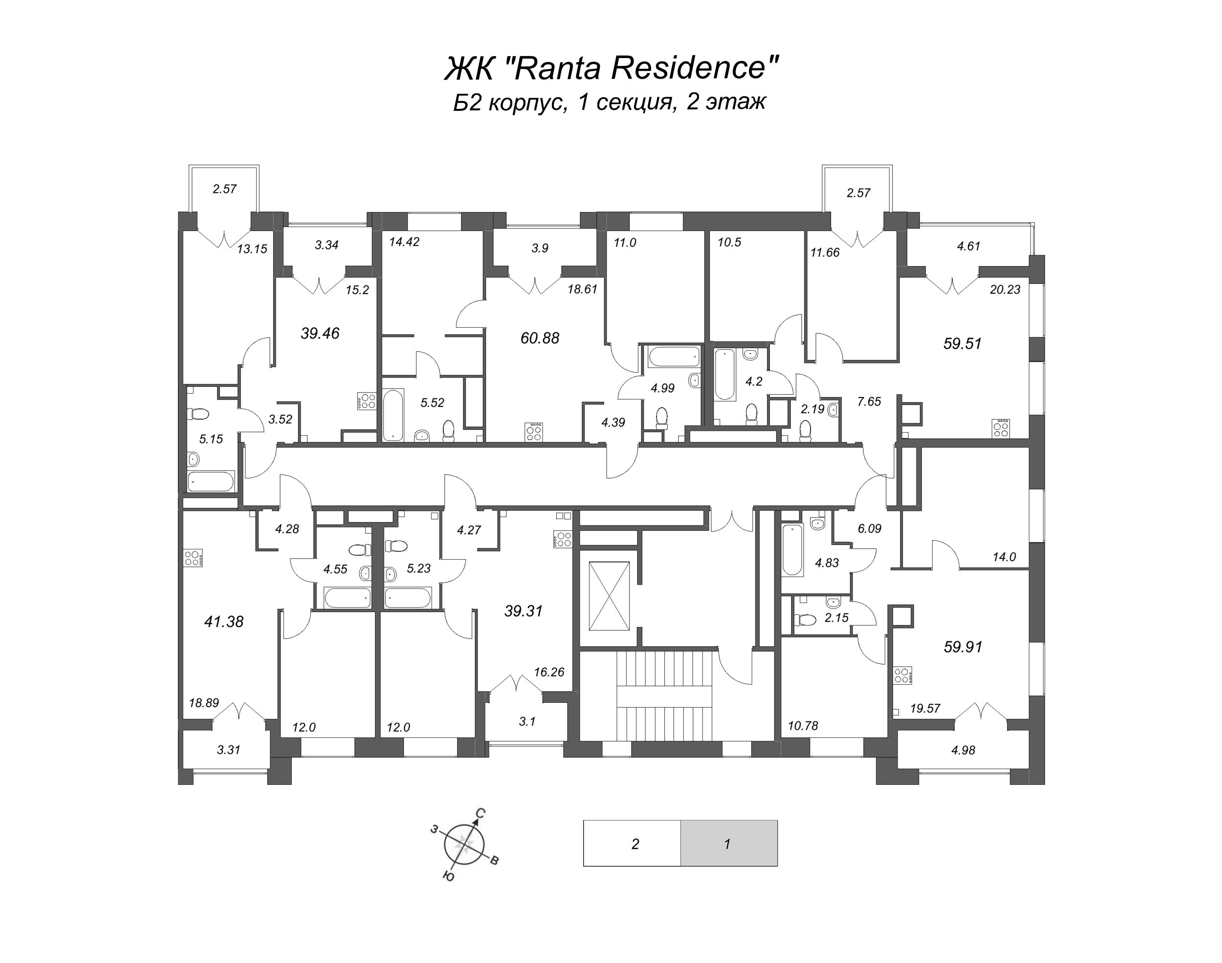 3-комнатная (Евро) квартира, 59.51 м² - планировка этажа