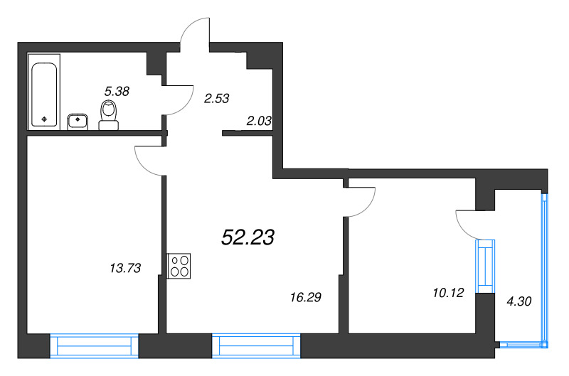 3-комнатная (Евро) квартира, 52.23 м² в ЖК "Охтинские высоты" - планировка, фото №1