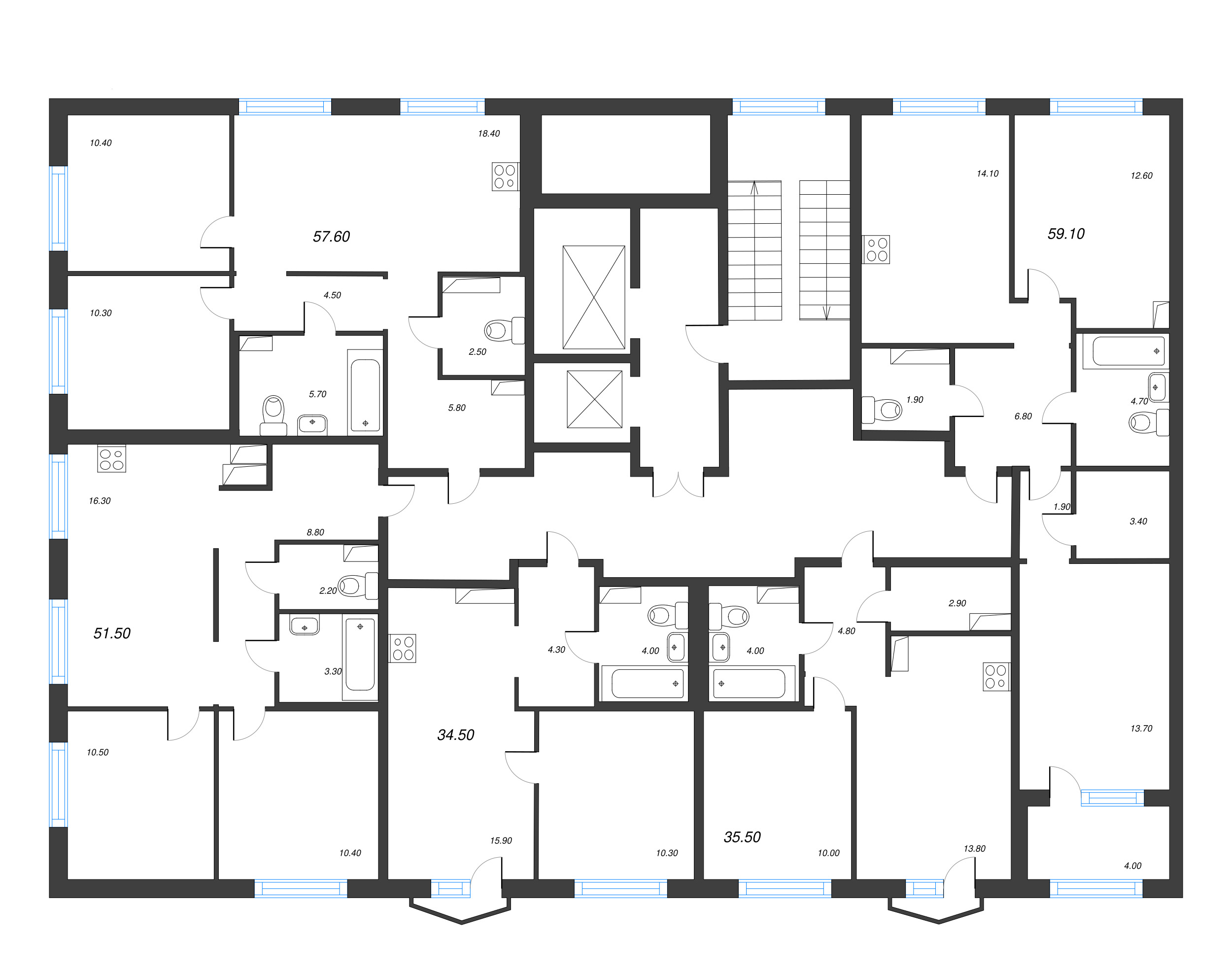 2-комнатная квартира, 59.1 м² в ЖК "Струны" - планировка этажа