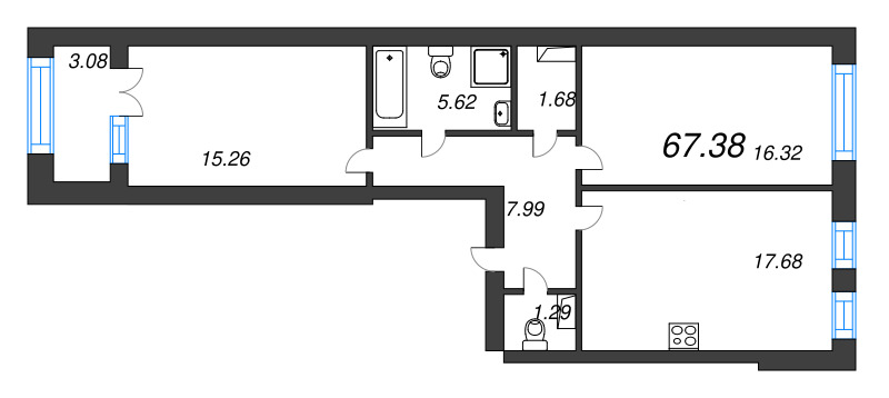 2-комнатная квартира, 67.38 м² - планировка, фото №1