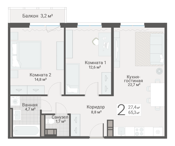 3-комнатная (Евро) квартира, 65.3 м² в ЖК "Руднева 15" - планировка, фото №1