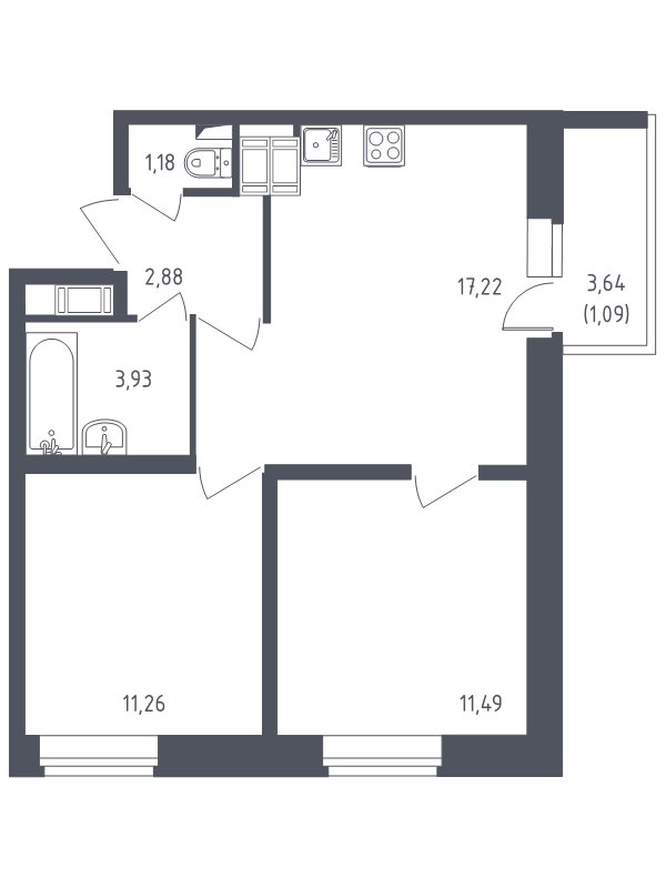 3-комнатная (Евро) квартира, 49.05 м² - планировка, фото №1