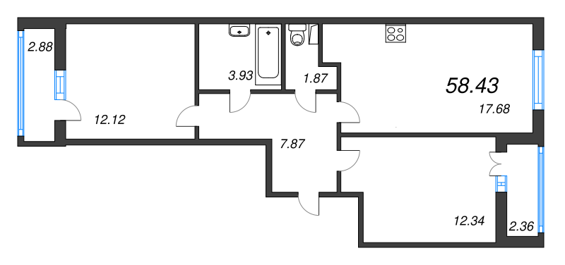 3-комнатная (Евро) квартира, 58.43 м² - планировка, фото №1