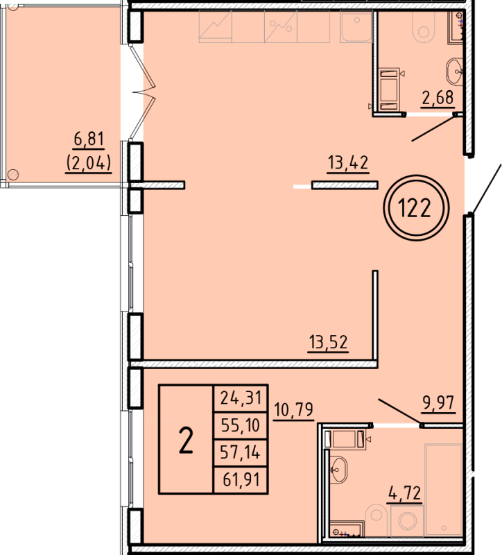 2-комнатная квартира, 55.1 м² в ЖК "Образцовый квартал 16" - планировка, фото №1