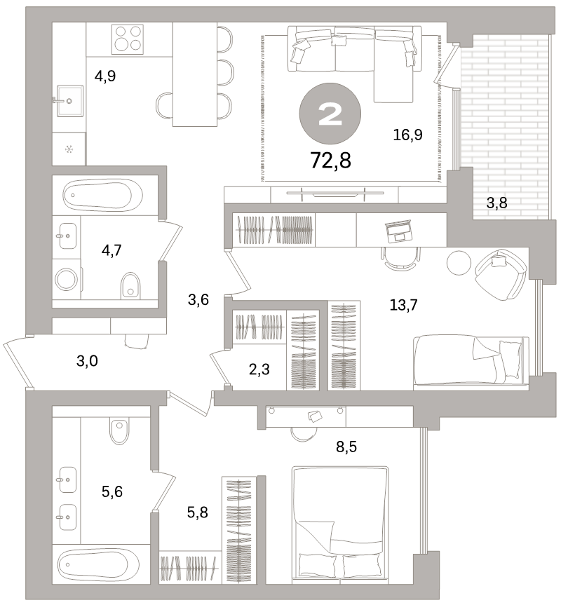 3-комнатная (Евро) квартира, 72.8 м² в ЖК "Северный ветер" - планировка, фото №1