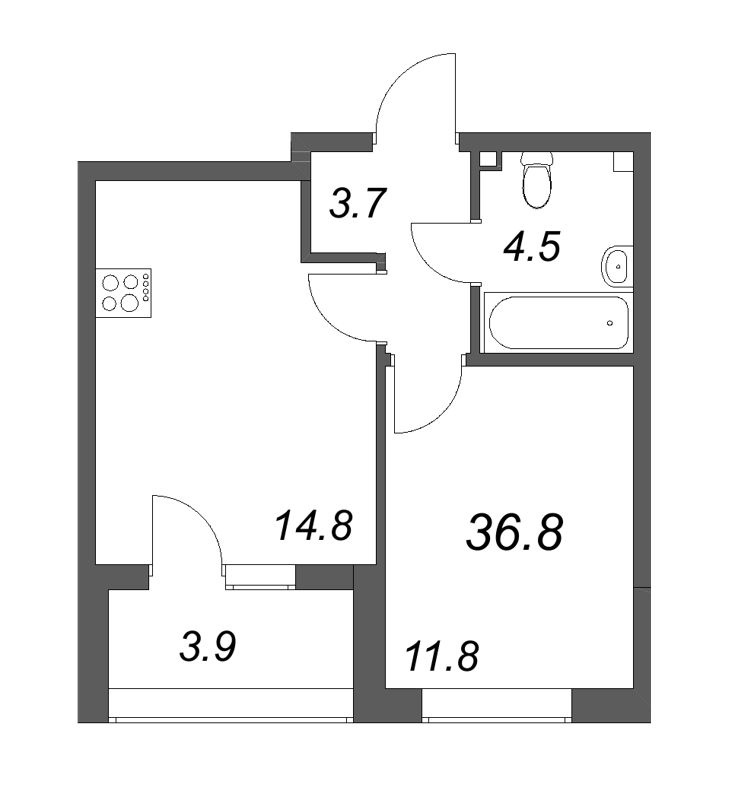 1-комнатная квартира, 36.8 м² в ЖК "Пулковский дом" - планировка, фото №1