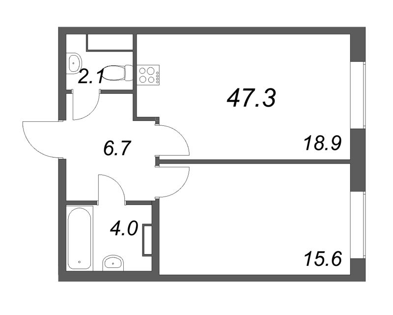 2-комнатная (Евро) квартира, 47.3 м² в ЖК "Визионер" - планировка, фото №1