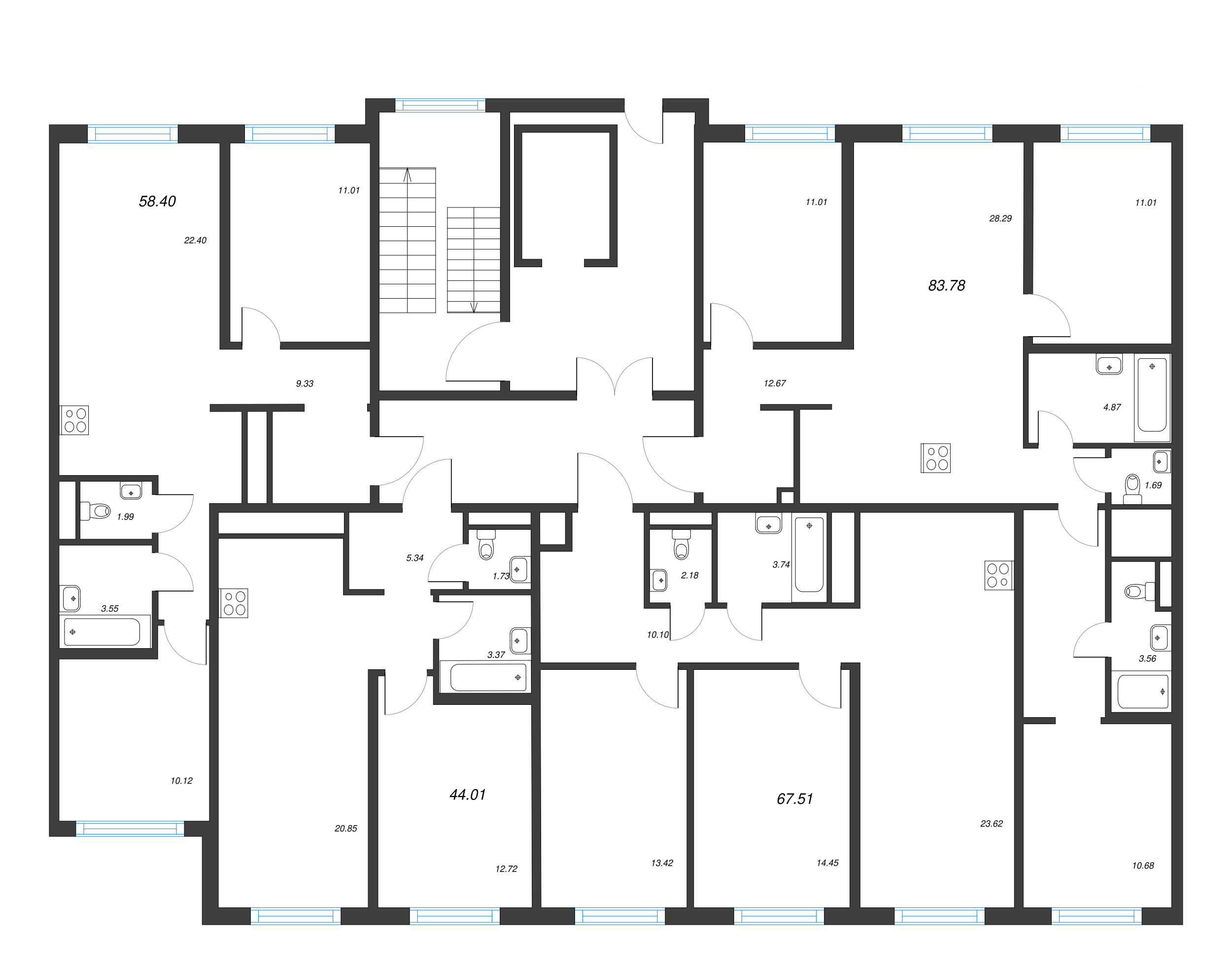 3-комнатная (Евро) квартира, 58.4 м² в ЖК "Legenda Васильевского" - планировка этажа