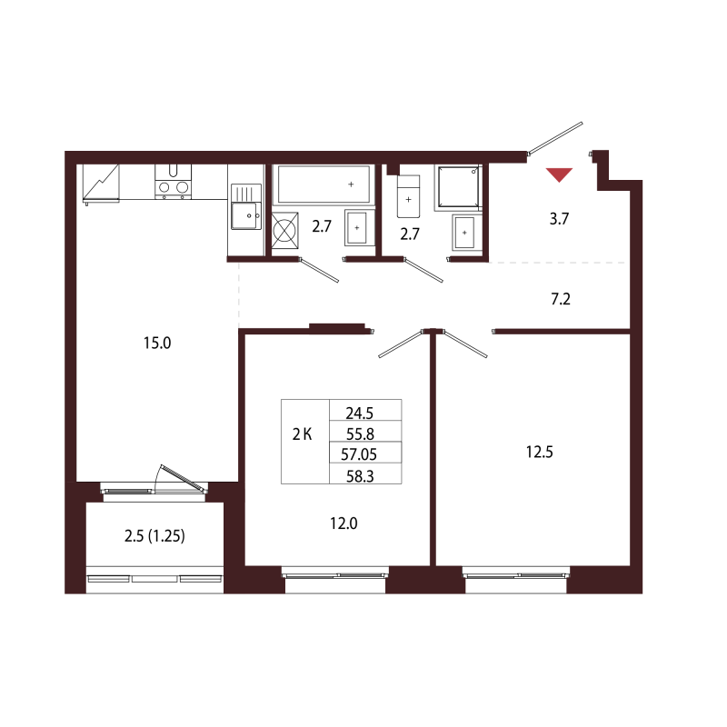 3-комнатная (Евро) квартира, 57.05 м² в ЖК "Лисино" - планировка, фото №1