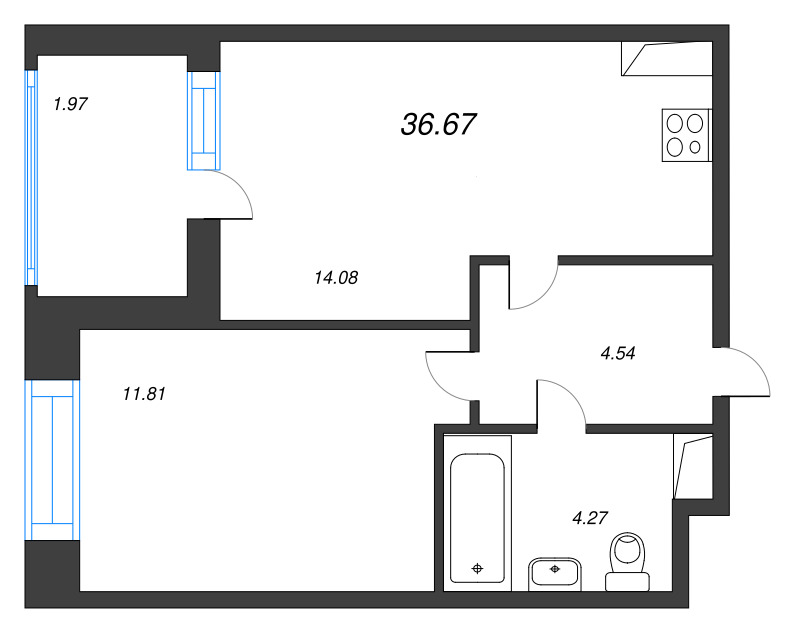2-комнатная (Евро) квартира, 36.67 м² - планировка, фото №1