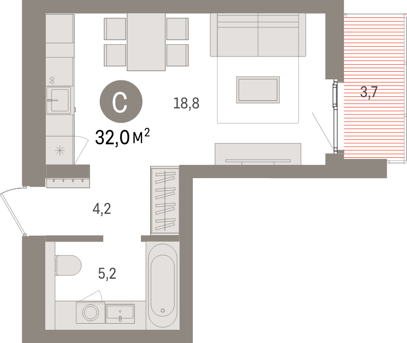 Квартира-студия, 32 м² в ЖК "Брусника в Новоселье" - планировка, фото №1