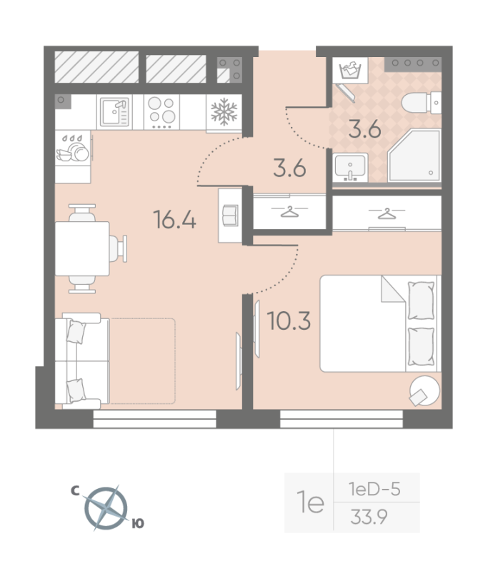 2-комнатная (Евро) квартира, 33.9 м² в ЖК "Пулково Lake" - планировка, фото №1
