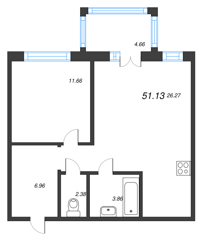 2-комнатная (Евро) квартира, 51.5 м² - планировка, фото №1