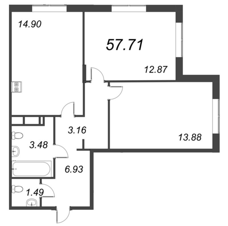 3-комнатная (Евро) квартира, 57.71 м² в ЖК "VEREN NORT сертолово" - планировка, фото №1