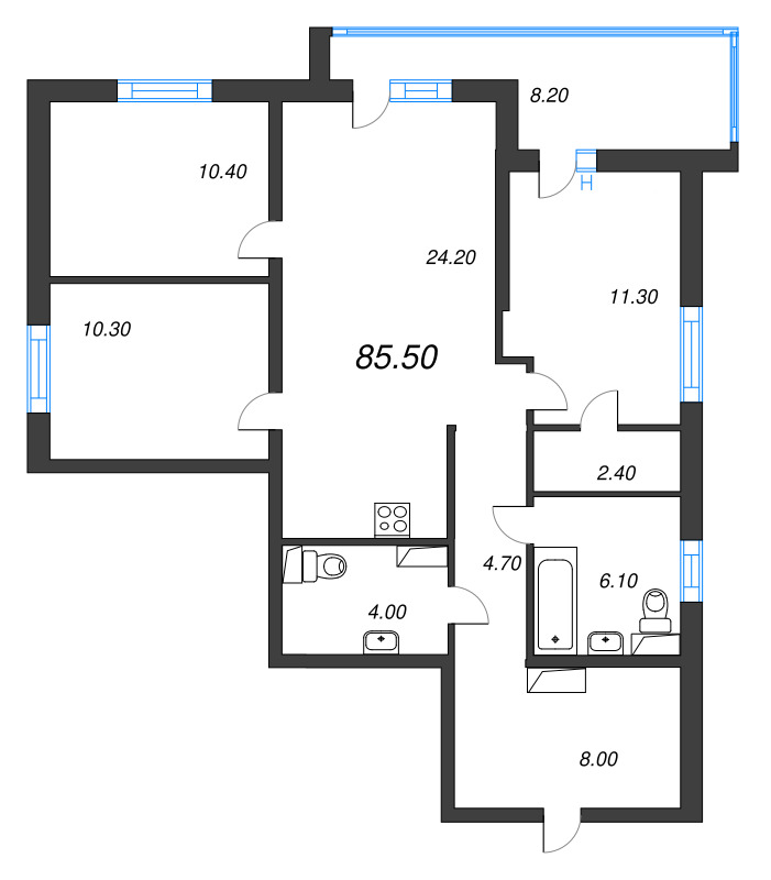 4-комнатная (Евро) квартира, 85.5 м² в ЖК "LOVO" - планировка, фото №1